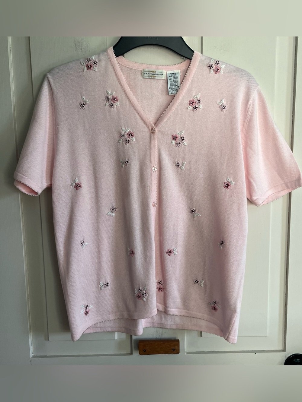 Vintage Soft Pink Embroidered Short Sleeve Cardigan Sweater
